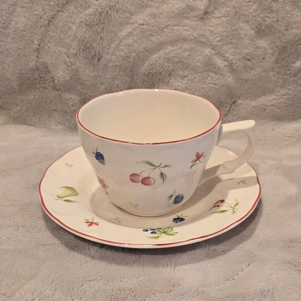 Nikko Provincial Designs Fruit Floral Teacup and Saucer Set Japan White Ceramic